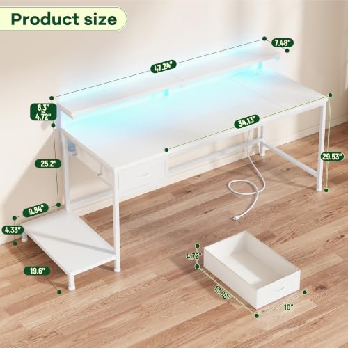 DurayLoly 47.2" Computer Desk with Power Outlet & Fabric Drawer,White - color: White, size: 47.2 IN
