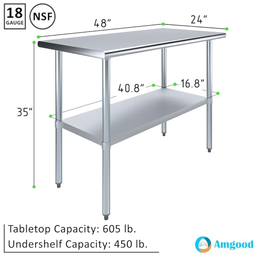 AmGood 24 in. x 48 in. Stainless Steel Work Table | Metal Kitchen Food Prep Table | NSF - size: 48 in. Long x 24 in. Deep without Wheels