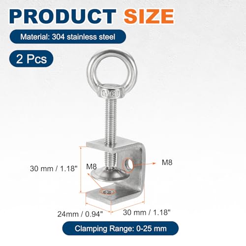 HARFINGTON 2 Pcs 304 Stainless Steel C Clamps 30mm Square Mini Tiger Clamp Adjustable Heavy Duty Metal U Clip with Eye Hook Screw for Woodworking Welding Mounting, Silver - size: 30mm