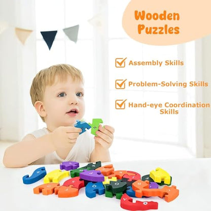 Montessori Pattern Blocks & Alphabet Puzzle Set, 209 PCS Wooden Shapes with Cards + A–Z Snake ABC Jigsaw, Educational Learning Toys for Toddlers