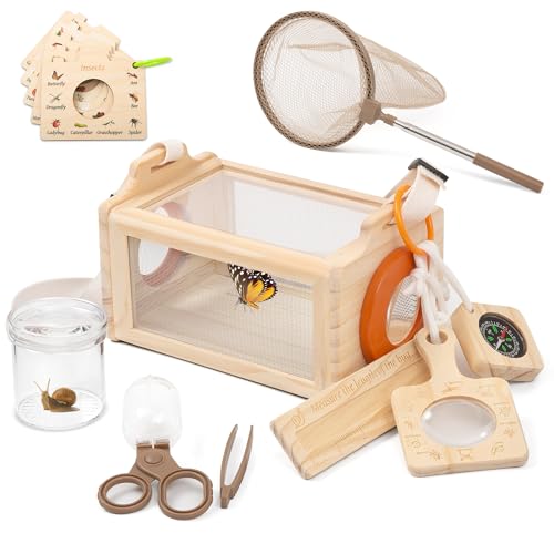 Wooden Bug Catcher Kit for Kids, 16-in-1 Outside Toys for Toddlers STEM Outdoor Explorer Set with 3-Way Observation Habitat, Butterfly Net, Magnifying Glass, Educational Gift for Boys Girls Ages 3-8
