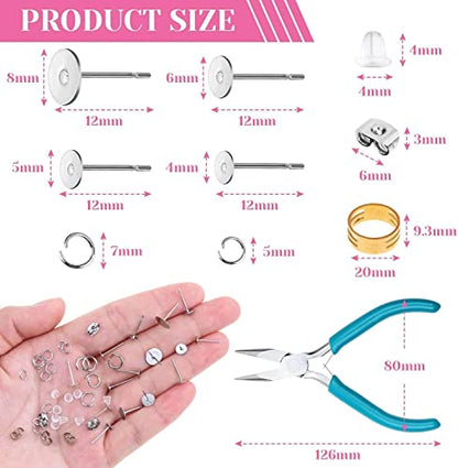 Caffox Hypoallergenic Earring Posts and Backs, 1800pcs Stainless Steel Stud Earring Kit with Earring Base Studs, Earring Backs and Jump Rings for Clay, Resin, Pearls, Jewelry Making and Crafting - color: Silver