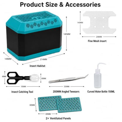 Feeder Insect Breeding Box Kit for Dubia Roaches & Crickets, Ventilated Reptile Feeder Container with Removable Tray, 2 Dividers, Catcher, Tweezers & 150 mL Bottle