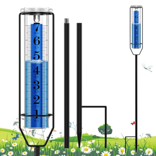 FINEST+ Upgraded Rain Gauge, 7" Freeze Proof Rain Gauge Outdoor Best Rated, Large Clear Numbers and Adjustable Height Rain Measuring Tool for Garden, Lawn and Farm