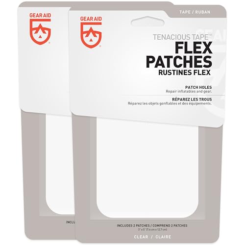 GEAR AID Tenacious Tape Flex Heavy Duty Patches for Fixing Holes and Rips in Outdoor Fabrics, Vinyl, Pool and Snow PVC Inflatables, Peel-and-Stick, Clear, Two 3" x 5" Patches - style: 2 Pack