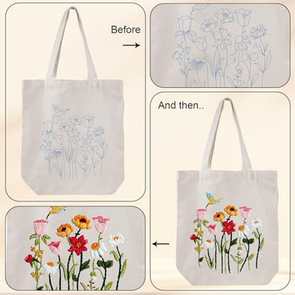 Louise Maelys Canvas Tote Bag Embroidery Kit, Hummingbird Floral Pattern - color: florals