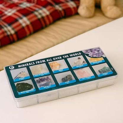 10 Authentic World Mineral Specimens STEM Kit for Kids – Labeled Geology Collection with Guide in Plastic Display Case – Educational Rock Set Ages 6+
