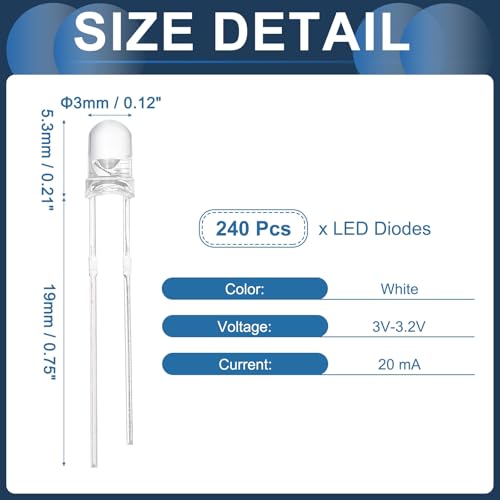 MECCANIXITY 240Pcs 3mm LED Diodes, Light Emitting Diodes, Bulb Lamp Electronic Project Kit for Science Project Circuit Board(White Light, Transparent Lens) - color: White Light, size: 3mm