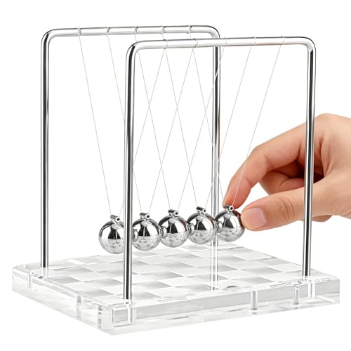 Newtons Cradle Balance Balls Science Physics Gadget Desktop Decoration for Home and Office 5 Bead with Silver White Checkerboard Base Desk Balance Balls (Medium)