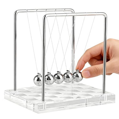 Newtons Cradle Balance Balls Science Physics Gadget Desktop Decoration for Home and Office 5 Bead with Silver White Checkerboard Base Desk Balance Balls (Medium)