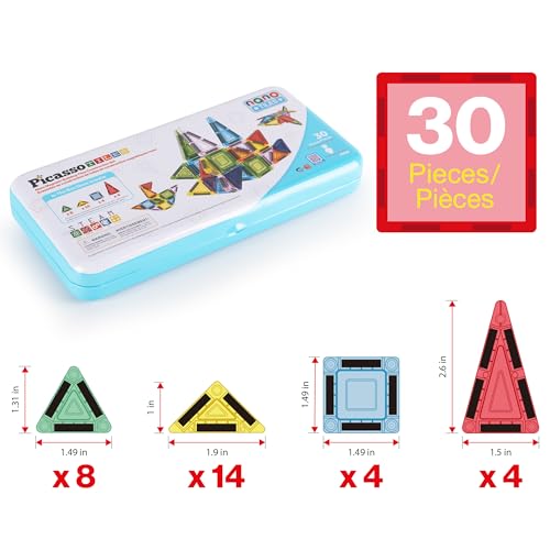 PicassoTiles Magnetic Tiles 30pc Nano Building Construction Set Compact Mini Travel Magnet Tile Playset with Tin Storage Case STEM Educational Learning School Brain Toy Blocks Boys Girls Ages 3+ PN09 - color: 30 Pcs Nano With Tin Storage Case