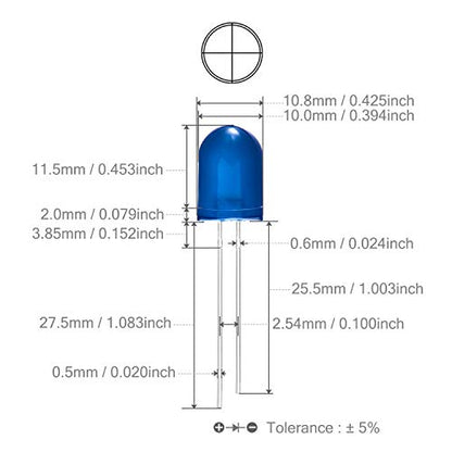 CHANZON 50 pcs 10mm Blue Diffused LED Diode Lights (DC 3V 20mA) - color: H) Blue-blue (50pcs)