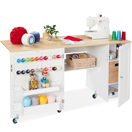 Best Choice Products Large Folding Sewing Table, Multipurpose Portable Craft Station & Side Desk w/Compact Design, Caster Wheels, Storage Shelves, 2 Storage Trays, Magnetic Doors - Natural/White - color: Natural/White