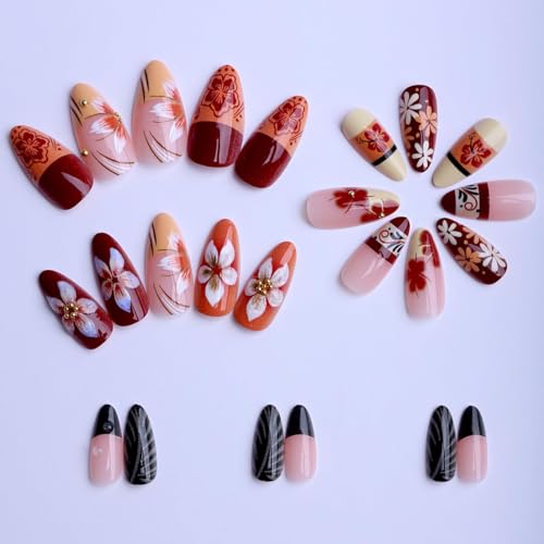 Almond Press on Nails Long Orange Fake Nailwith 3D Flowers Designs Acrylic Nail Press ons Classic Daisy Stick on Nails for Women 24pcs - color: Color01