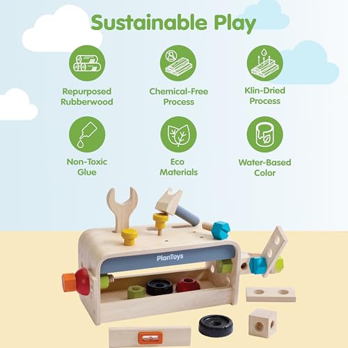 PlanToys® Wooden Little Tool Bench Montessori Construction Kids STEM Toy - color: Little Tool Bench