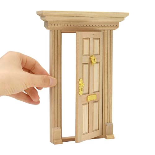 iLAND Dollhouse Door on 1 12 Scale, Unfinished Paintable Neoclassical Wooden Door w/Metal Handle, Mail Slot, Key & Knocker, Miniature Building Supplies Dollhouse Furniture & Decor - style: Neoclassical Mini Door