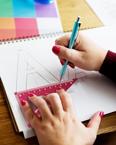 Honagu Triangular Ruler Set, 2 Sets/8 Pieces Aluminum Alloy Ruler, Metal Drafting Ruler, Geometric Protractor for Students, Draftsmen, Engineers, School Office Supplies(15cm/5.9inches, Red+Deep Blue) - color: Red+Deep blue