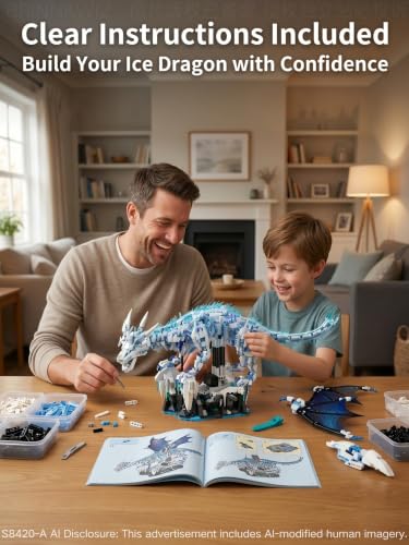 Mechanical Ice Dragon Building Set, 1646 Pieces Large Fantasy Model Kit with Articulated Flapping Wings, Blue Mythical Creature Decor for TV Series Fans Compatible with Major Brands