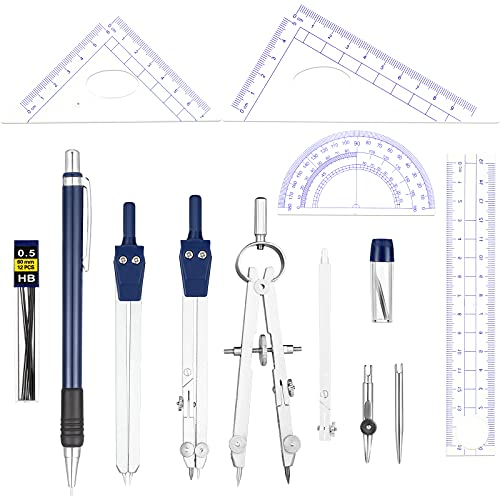 Outus 13 Pcs Geometry Set for Students Metal Compass Math Protractor - color: Blue