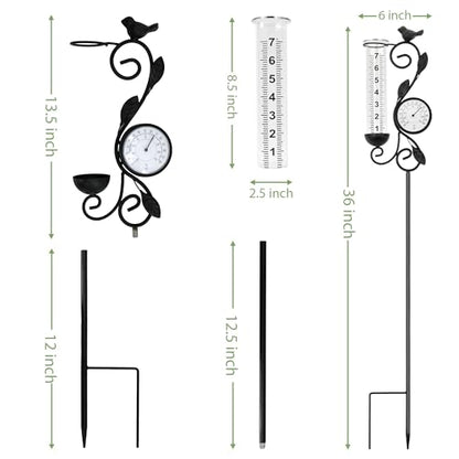 36in Black Bird Rain Gauge Thermometer Metal Garden Stake Decor - color: Black Bird