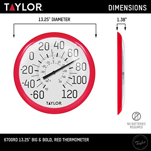 Taylor Big and Bold Wall Dial Thermometer, Indoor Outdoor Thermometer, Wireless Thermometer with Easy to Read Numbers for Patio, Pool, Garage and Indoor Areas, 13.25-inch, Red - color: Red, size: 13.25 inches (Pack of 1)