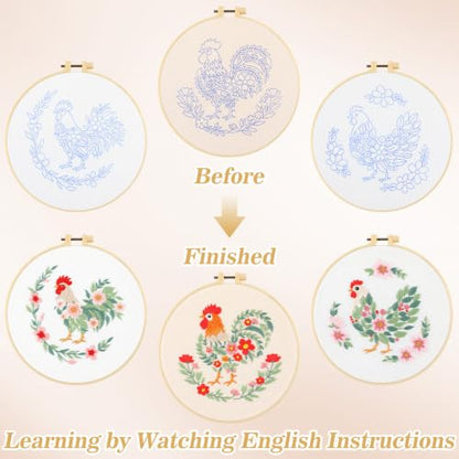 Mindsoft 3 Set Needlepoint Kit for Beginners with Hoop,Flower Rooster - style: Flower Rooster