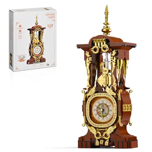 Retro Clock Building Set for Adults, Vintage Pendulum Model with Rotating Gears, Mechanical Building Blocks Toy, Gift for Boys and Girls 8+(879PCS) - style: Vintage Clock