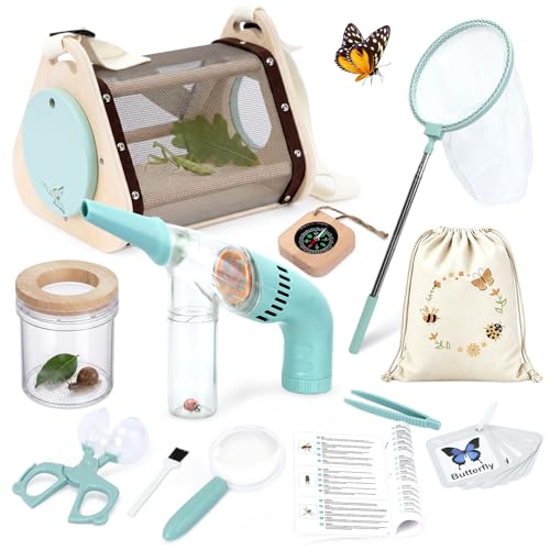 Kids Bug Catcher Kit, 11-Piece Outdoor Explorer Set with Bug Vacuum, Wooden Insect House, Butterfly Net, Ages 4-8