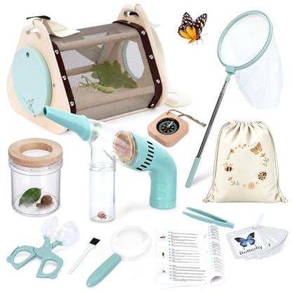 Kids Bug Catcher Kit, 11-Piece Outdoor Explorer Set with Bug Vacuum, Wooden Insect House, Butterfly Net, Ages 4-8