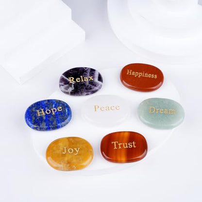 TGS Gems Set of 7 Chakra Stones - Reiki Healing Crystal with Engraved Inspirational Word Palm Stones(7 Different Words) - color: Ckl-bbs