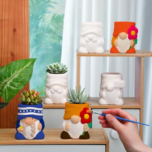 Beeveer 6 Sets Paint Your Own Gnomes Succulent Planter Cute Mini Unpainted Flower Pots DIY Paintable Succulent Pots for Christmas Classroom DIY Craft Project Activity - style: Gnome