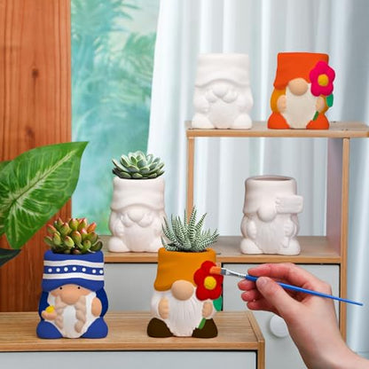 Beeveer 6 Sets Paint Your Own Gnomes Succulent Planter Cute Mini Unpainted Flower Pots DIY Paintable Succulent Pots for Christmas Classroom DIY Craft Project Activity - style: Gnome