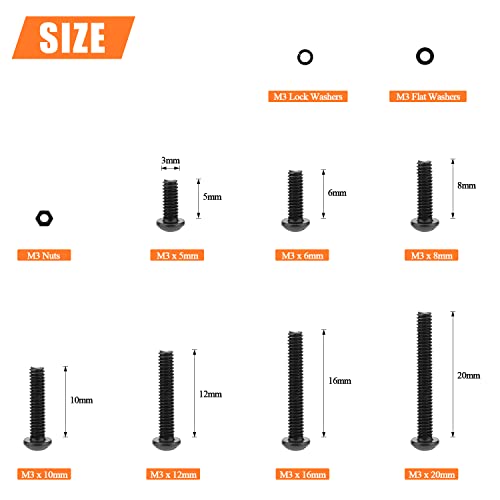 HELIFOUNER 560 Pieces M3 x 5mm /6mm /8mm /10mm /12mm /16mm /20mm, Button Head Socket Cap Screws Bolts Washers Nuts Kit, 10.9 Grade Alloy Steel, Full Threaded, Black - size: M3, style: Button Head