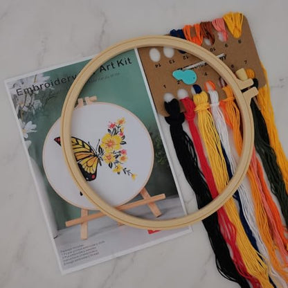 Esffaci Embroidery Starter Kit for Adult Beginner with Butterfly Flower Pattern Hand Embroidery Set with Cloth Hoop Needle Threader Floss and Instruction - color: Yellow