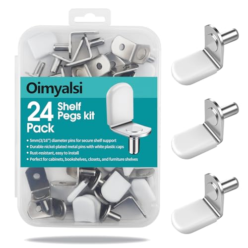 24 Pack Shelf Pegs 5mm (3/16'') with Storage Box, L-Shaped Metal Shelf Pins with Anti-Slip Caps, Nickel Plated Replacement for Kitchen Pantry, Bookcase, Medicine Cabinet & Glass Shelves - size: 5mm