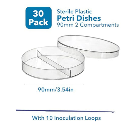 30 PCS 90mm 2 Compartments Plastic Petri Dish with Lids, Sterile with 10PCS 10uL Inoculation Loops - size: 2grids 90mm