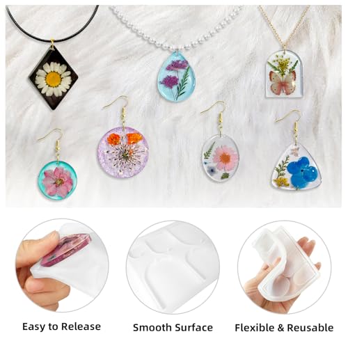 Roxjaejae 46 PCS Resin Earring Molds Silicone Kit, Resin Jewelry Making Kit with Built-in Holes for Earrings, Necklace, Pendants, Keychains