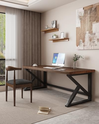 Sihtengxxhongs Solid Wood Desk 55 Inch Home Office Desk, Rustic Wooden Computer Desk with Heavy Duty Metal Frame, Large Writing Study Workstation for Bedroom, Living Room, Home Office - size: S009