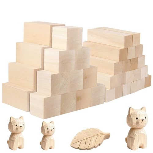 40 PCS Basswood Carving Blocks, 3 Different Sizes Natural Whittling Wood Blocks, Unfinished Basswood Kit for Beginners Carving, DIY Crafts and Whittling