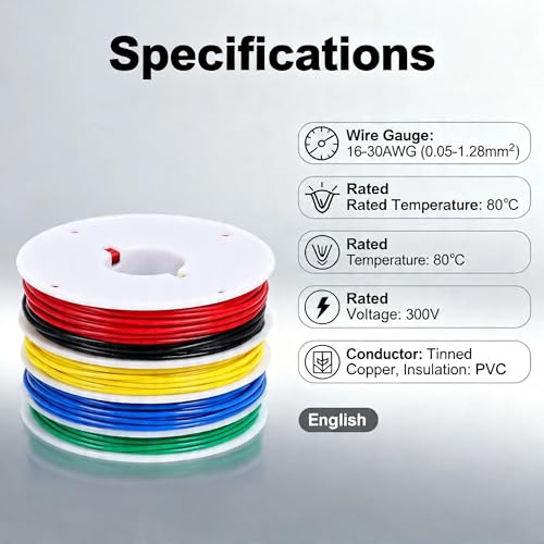 26 AWG Stranded Wire Kit, 5 Colors 20m Each, 100m Total PVC Hook Up Wire, Tinned Copper Electronic Wire, 300V 80°C, with Heat Shrink Tubing and Cable Ties - color: Red Black Yellow Blue Green, size: 26AWG