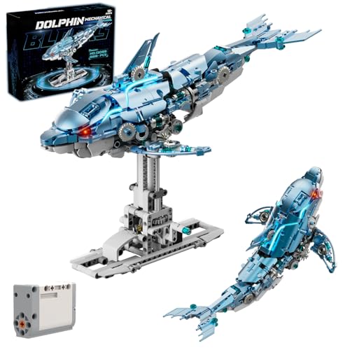 Mechanical Blue Dolphin Building Blocks Linkage Kit, Sea Animal Model with Lighting, Display Stand, STEM Power Motor Toy, DIY Desktop Ornament for Kids & Adults Ages 12+, Birthday Gift Idea - color: Blue Dolphin