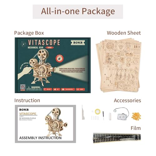 ROKR 3D Wooden Puzzles for Adults- 183pcs Mechanical Model Building Kit Wooden Craft Movie Projector Gift for Adults 14+ (Vitascope)