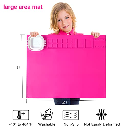 AWOKE Silicone Painting Mat - 20"X16" Silicone Art Mat with 1 Water Cup for Kids - Craft Mat has12 Color Dividers - 2 Paint Dividers (Rose) - color: Rose