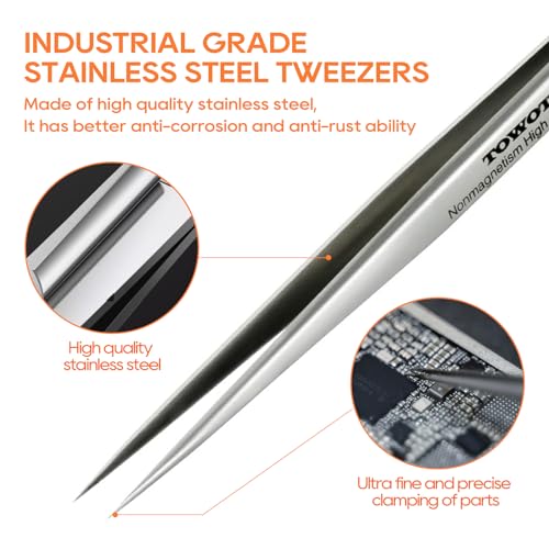 TOWOT Precision Tweezers, Stainless Steel Pointed Tweezers for Craft, Electronics, Soldering, Experimental Work, Jewelry-Making, Non-Magnetic Industrial Tweezers - size: 140mm