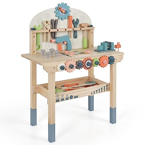 Costzon Kids Tool Bench, Wooden Pretend Workbench w/ 63 Toy Tools and Accessories, Realistic Role Play Construction Building Tool Set, Indoor Outdoor Power Tool Workshop for Boys Girls 3+ - color: Natural & Blue