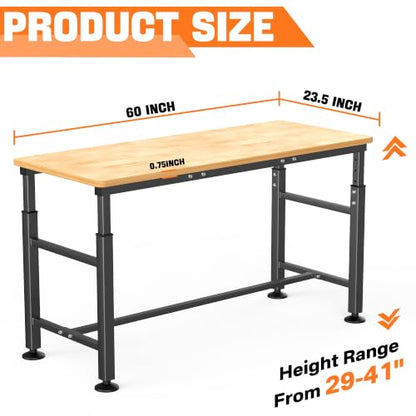 TORACK Adjustable Workbench with Rubberwood Top, 60" x 23.5" - size: 60 x 23.5 inch