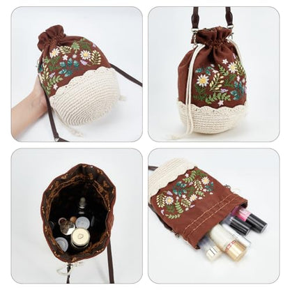 FREEBLOSS 10.6x5.5'' Embroidery Bucket Bag Flower Style Embroidery Kit with Instruction Cotton Embroidery Starter Kit for Beginners Adults