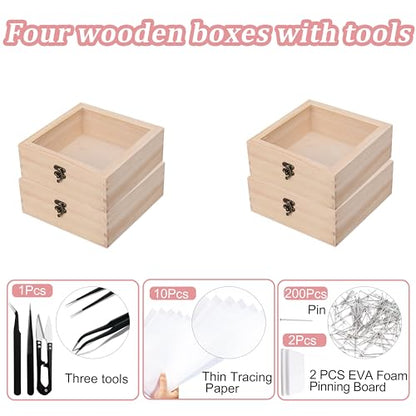 20 PCS Insect Specimen Tools Kit 4 Wooden Display Case Box with Clear Top 10 Sheets Thin Tracing Paper 2 EVA Foam Pinning Board 200 Pins 2 Tweezers 1 Scissors Tools for Winter Bugs Collection