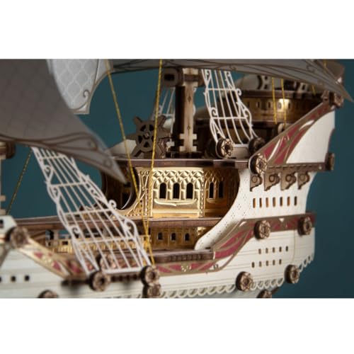 Helixsun 3D DIY Victorian-Style Wooden Fairy Ship Detailed Assembly Model Kit (White/386 Pcs/No Glue) — Twin-masted Warship Layout with A Four-Deck Stern Castle