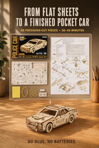 EWA Eco-Wood-Art Pocket Police Car - 3D Wooden Puzzle Mechanical Model Kit DIY Wood Construction Set